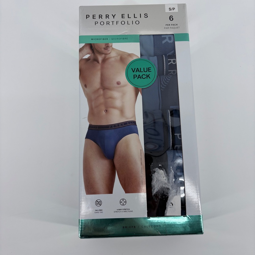 Perry Ellis Mens Briefs Microfiber Blue 6 Pack Small 28-30 4-Way Stretch
